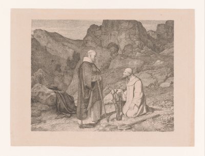 Twee monniken bij een gesnoeide boom in een berglandschap - Carl Friedrich Lessing