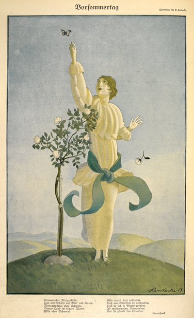 Dessin sur le poème "Vorsommertag". Une femme atteignant un papillon. - Carl Friedrich Otto Lendecke