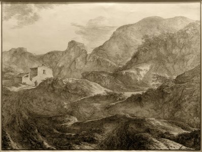 Paysage montagneux, à gauche une maison avec un randonneur devant - Carl Friedrich von Rumohr