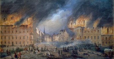 Bataille à Sternbarrikade à Jagerzeile le 28 octobre 1848, révolution à Vienne, incendie en ville - Carl Goebel