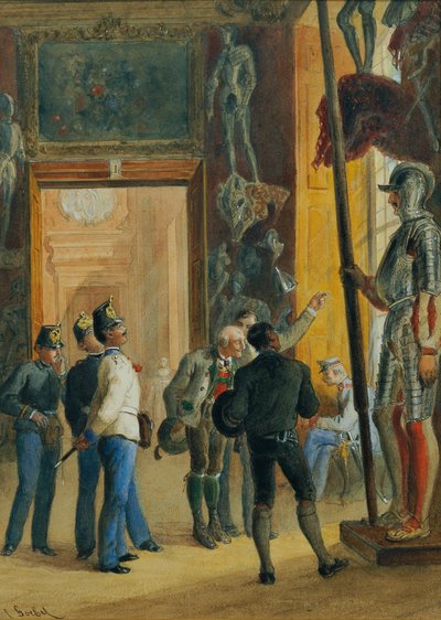 Officiers autrichiens et deux Tyroliens visitant la collection Ambras au Belvédère inférieur - Carl Goebel d. J.