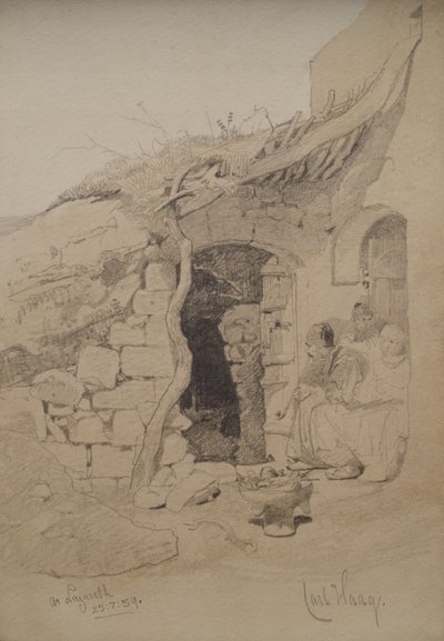 Trois figures assises devant une maison, Nazareth, 1859 - Carl Haag