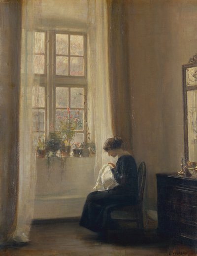 Une fille cousant dans un intérieur - Carl Holsoe