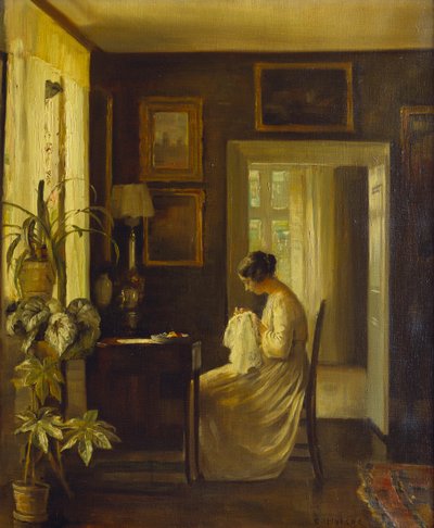 Intérieur avec une femme cousant - Carl Holsoe