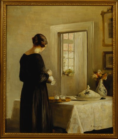 Un intérieur avec une femme à une table - Carl Holsoe