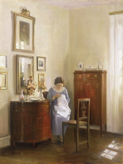 Intérieur avec dame cousant, vers 1910 - Carl Holsoe