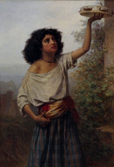 Jeune femme gitane avec un tambourin - Carl Huns