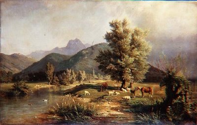 Paysage montagneux boisé avec chevaux et moutons - Carl Jutz