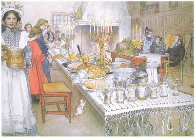 La veille de Noël, la grande table dans le grand hall est absolument couverte de nourriture - Carl Larsson