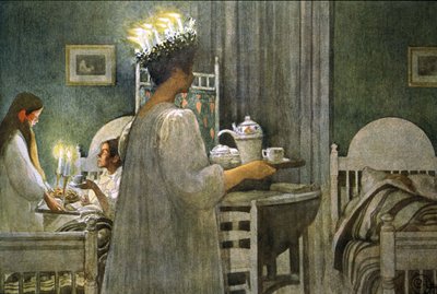 jeune fille avec une couronne de bougies sur les cheveux pendant la journée de Sainte-Lucie, Illustration 1916 - Carl Larsson