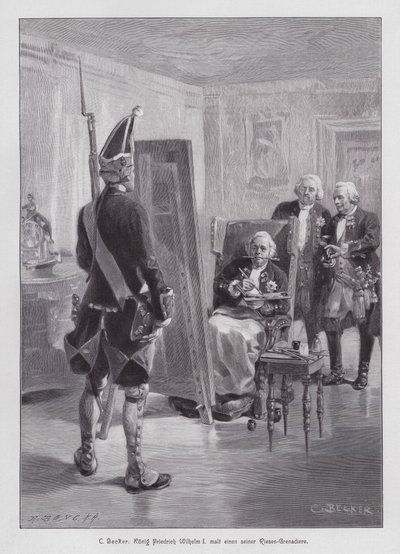 Le roi Frédéric-Guillaume Ier de Prusse peignant un grenadier de sa Garde géante de Potsdam (gravure) - Carl Ludwig Friedrich (after) Becker