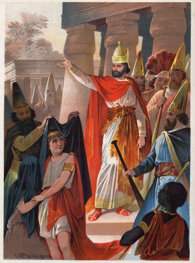 Sur un signe de Sarastro, un prêtre étend de grandes voiles noires sur le prince Tamino et la princesse Pamina. Illustration de Carl Offterdinger (1829-1889) dans « La flûte enchantée » (Die Zauberflöte, flauto magico, The Magic Flute). Collection privée - Carl Offterdinger