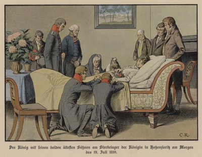 Le roi Frédéric-Guillaume III de Prusse et ses deux fils aînés au chevet de la reine Louise le matin du 19 juillet 1810 - Carl Röchling
