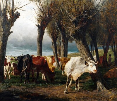 French : Troupeau de bovins sous les saules têtards. - Carl Rudolf Huber