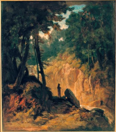 Paysage boisé avec cascade, au bord avec capucin - Carl Spitzweg