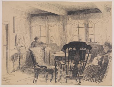 Presbytère de Hjarup. Salon avec deux dames cousant - Carl Thomsen
