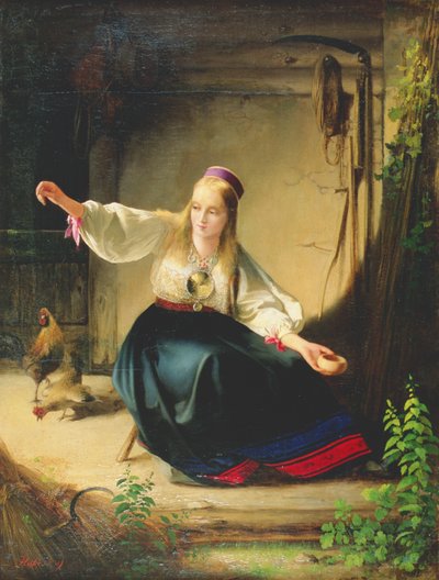 Une fille nourrissant des poules, 1839 - Carl Timoleon von Neff