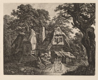 Cabane au toit de chaume avec paysage et personnages - Carl Wilhelm Kolbe