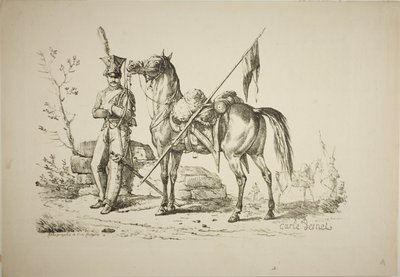 Lancier à pied marchant à côté de son cheval - Carle Vernet