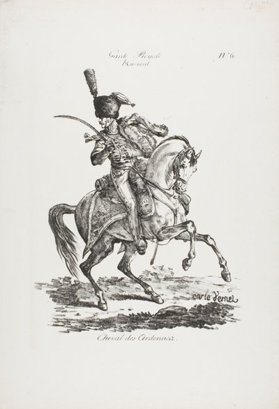 Garde royale, hussard monté et cheval n° 6 - Carle Vernet