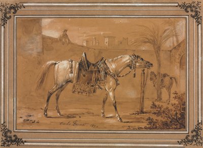 Cheval arabe sellé dans une cour - Carle Vernet