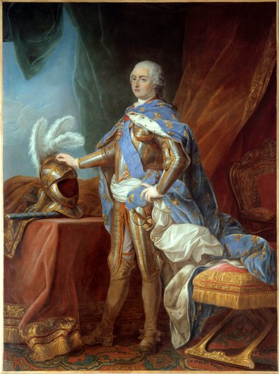 Portrait en pied de Louis XV (1710-1774), en armure, main posée sur un casque - Carle van Loo