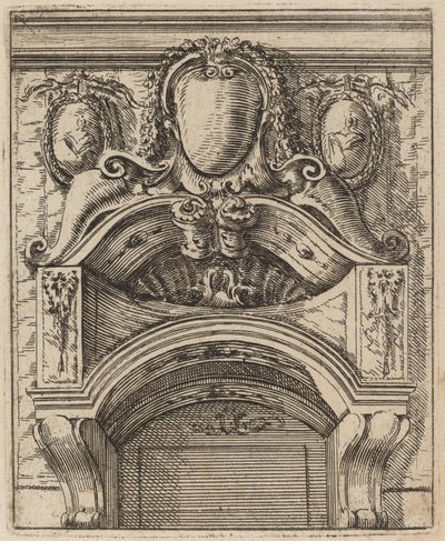 Motif architectural avec trois boucliers, deux avec figures - Carlo Antonio Buffagnotti