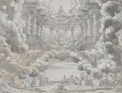 Décor de scène avec des figures allégoriques sur un escalier, de 
