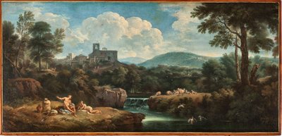 Paysage avec rivière, travailleurs en habits antiques et un village - Carlo Antonio Tavella