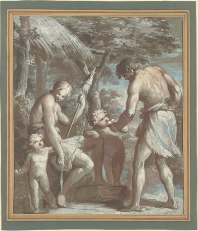 Adam et Eve avec Caïn et Abel (gouache avec plume et encre brune sur papier vergé bleu, posé) - Carlo Baratta