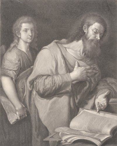 Saint Matthieu, debout devant un livre à droite avec une main sur sa poitrine, un autre homme derrière, 1750-84 - Carlo Faucci