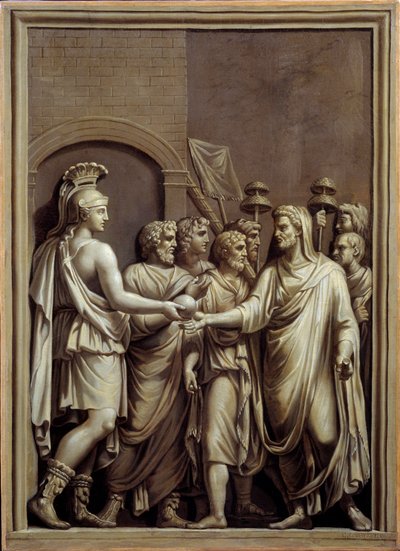 Rome antique : guerrier et homme en toge échangeant une sphère - Carlo Labruzzi