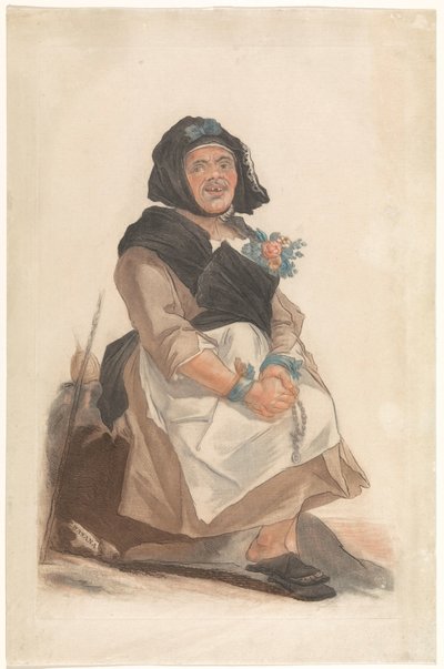 Homme déguisé en femme avec un chapelet, assis - Carlo Lasinio