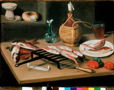 Nature morte avec assiettes de poisson grillé (mulet) et bouteille de vin (damigiana). Peinture de Carlo Magini (1720-1806). Faenza, Pinacoteca comunale - Carlo Magini
