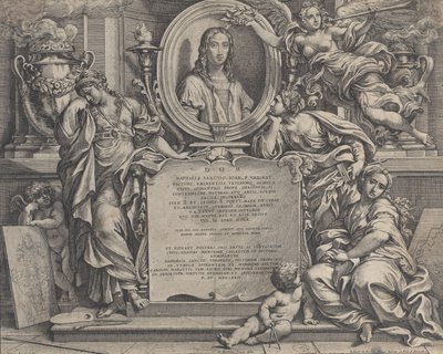 Frontispice avec portrait ovale de Raphaël, avec trois figures allégoriques des Arts, 1675 - Carlo Maratti