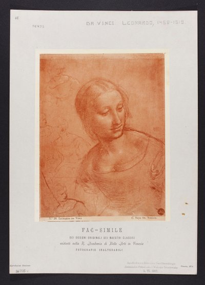 Studie eines weiblichen Büstenbildes, Zeichnung von Leonardo da Vinci (1452-1519) aus der Sammlung der R. Accademia di Belle Arti in Venedig; Tafel aus der Mappe: "Fac-simile dei disegni originali dei maestri classici esistenti nella R. Academia di Belle A - Carlo Naya