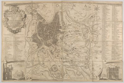 Plan de la Rome antique avec une vue du Panthéon en bas à gauche et un arc de triomphe en bas à droite, 1748 - Carlo Nolli