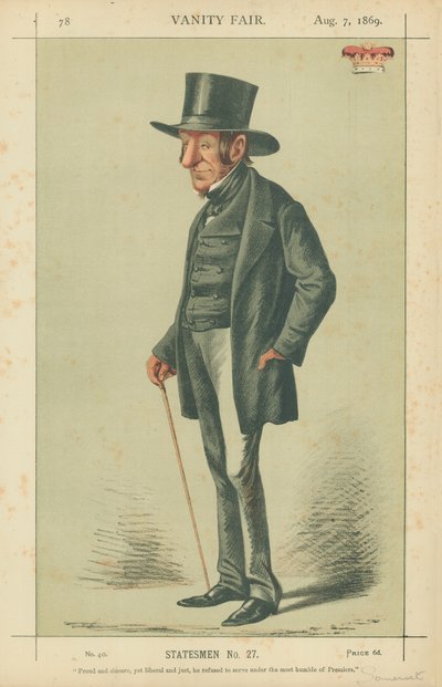 Le duc de Somerset, fier et sincère mais libéral et juste, il a refusé de servir sous ce plus humble des Premiers ministres, 7 août 1869, caricature de Vanity Fair - Carlo Pellegrini