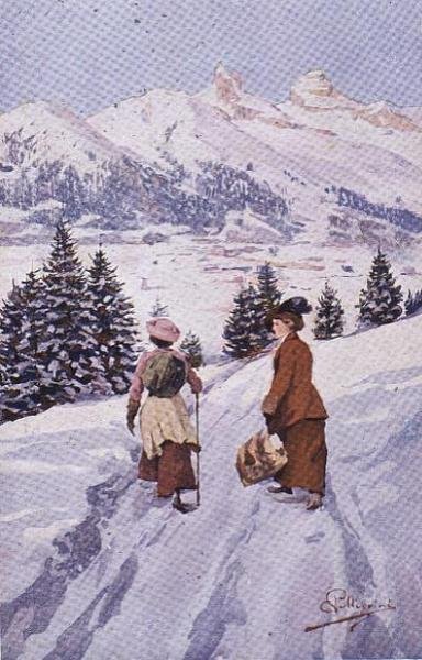 Deux femmes marchant dans la neige près de la Tour d