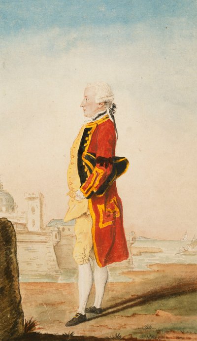 Colonel Morrison possiblement en uniforme des Royal Engineers, une ville fortifiée derrière, 1768 - Carmontelle