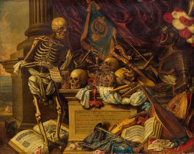 Nature morte de vanité avec instruments de musique, livres, partitions, squelette, crâne et armure, XVIIe siècle - Carstian Luyckx