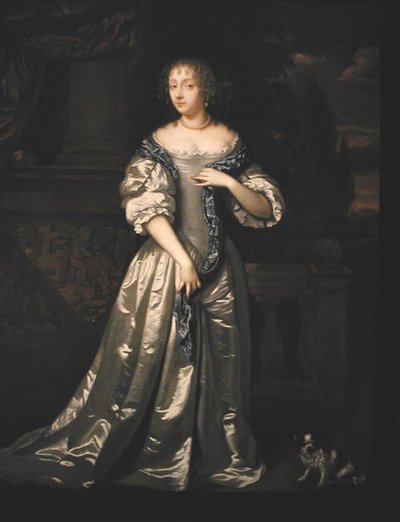 Portrait de Lady Philippa Stanton et son chien debout sur une terrasse près d