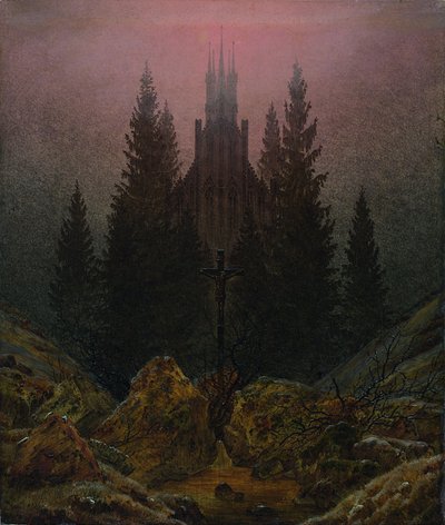 Croix et cathédrale dans les montagnes - Caspar David Friedrich
