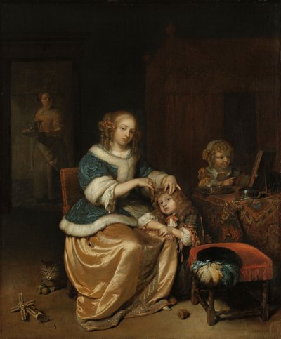 Intérieur avec une mère peignant les cheveux de son enfant, connu sous le nom de 