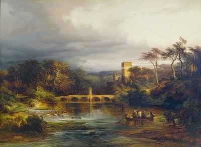 Château au bord du lac forestier avec des rameurs et un pont en arc. 1846 - Caspar Scheuren