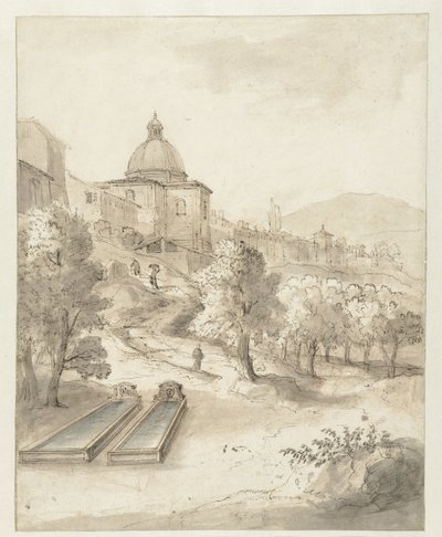Paysage italien avec une ville sur une colline - Caspar van Wittel