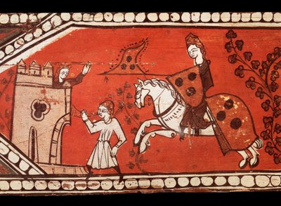 Chevaliers portant des drapeaux : le chevalier, la princesse et le héraut. Tempera sur bois de la décoration d