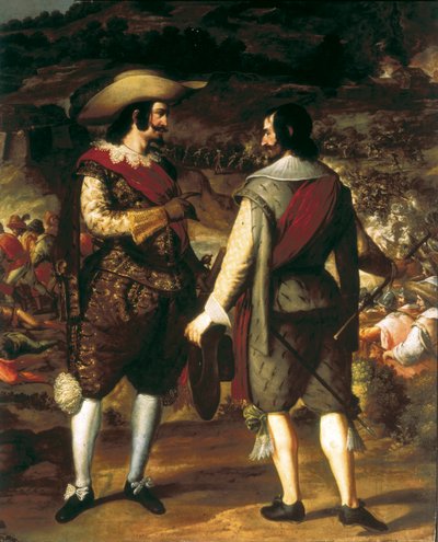 La capture de San Juan à Porto Rico (1625). Détail. Au premier plan, Don Juan de Haro parle à son assistant. Derrière lui, la forteresse gardée par les Espagnols qui forcent les Hollandais à partir. Peinture d