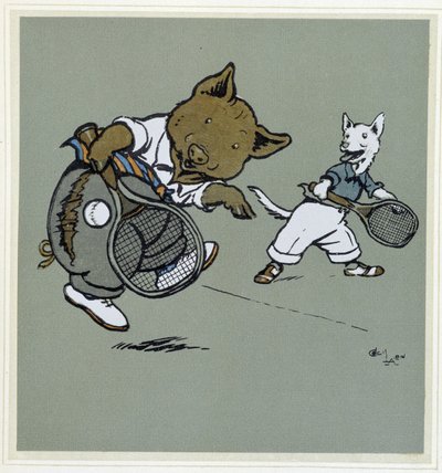 Cochon et renard jouant au tennis - dans « Merry Party », ill. par Cécil Aldin, éd. Hodder & Stoughton, Londres - Cecil Charles Windsor Aldin
