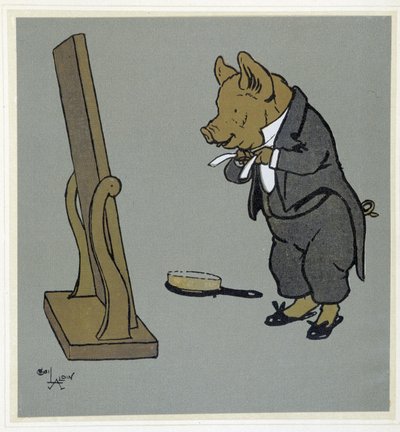 Cochon se coiffant, ajustant son nœud de cravate devant un miroir - dans « Merry Party », ill. par Cécil Aldin, éd. Hodder & Stoughton, Londres - Cecil Charles Windsor Aldin